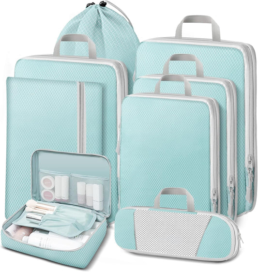 Lannvan Organizer Suitcases, Set of 8 Compression Packing Cubes, blue