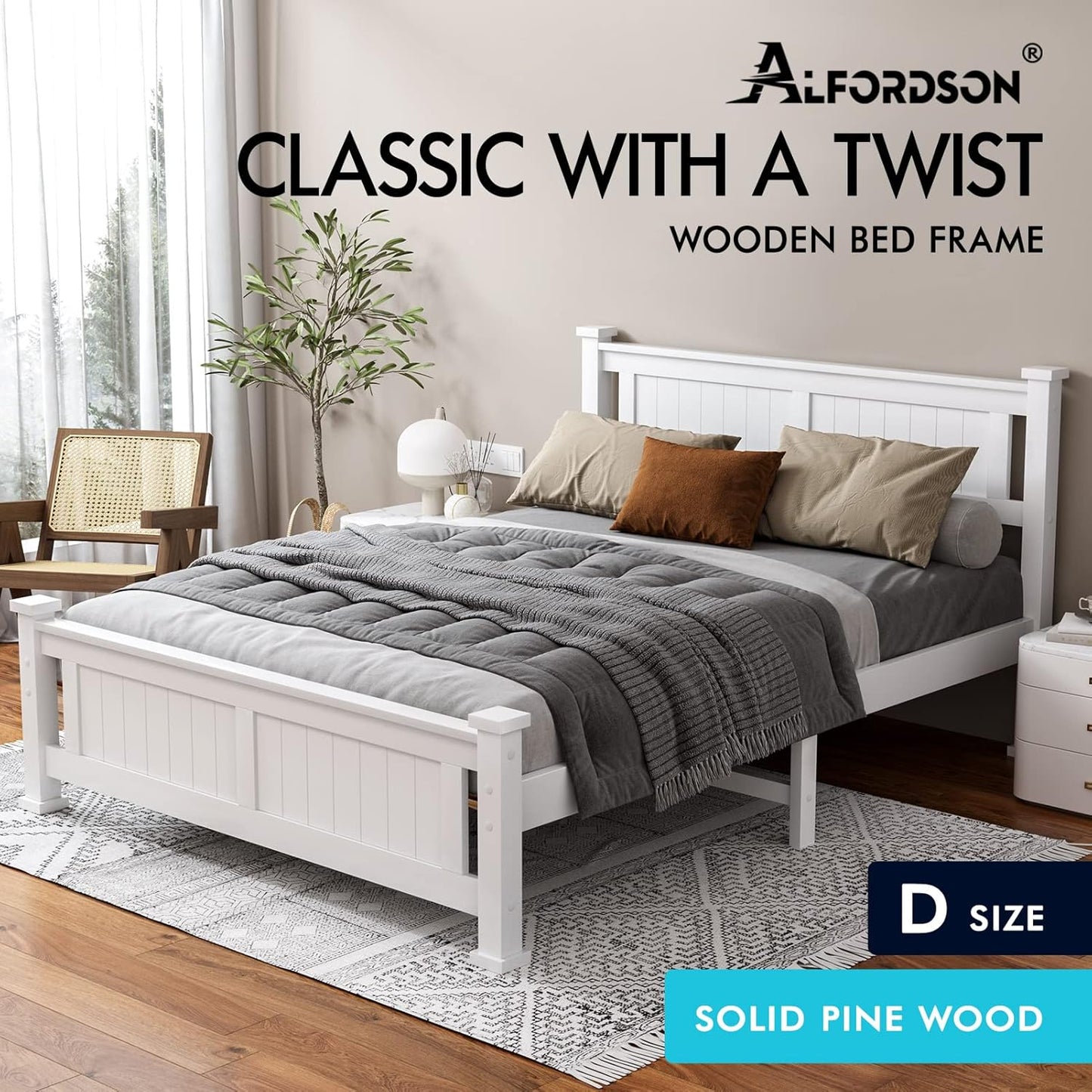 ALFORDSON Double Bed Frame Wooden Bed Base with Solid Wood Pine Timber Slats, Mattress Base Platform with Storage Space, White Bed Foundation with High Headboard, Arne Series Bedroom Furniture