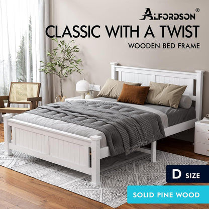 ALFORDSON Double Bed Frame Wooden Bed Base with Solid Wood Pine Timber Slats, Mattress Base Platform with Storage Space, White Bed Foundation with High Headboard, Arne Series Bedroom Furniture