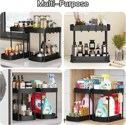 2 Pack Multi-Purpose Pull-Out Storage Organizers, Under Sink Organizers and Storage for Bathroom & Kitchen, Under Cabinet Organizers and storage, 12.8 Inch, Black