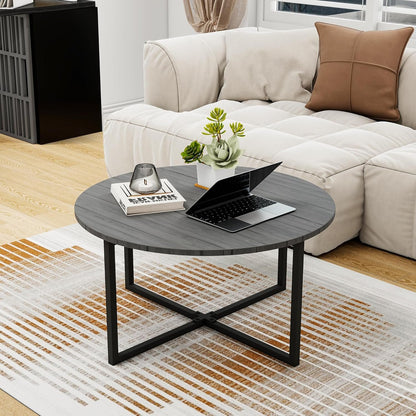 Diolong Round Coffee Table Center Table Living Room Side Table Dining Table with Metal Frame Small Coffee Tables for Small Spaces, Grey Oak