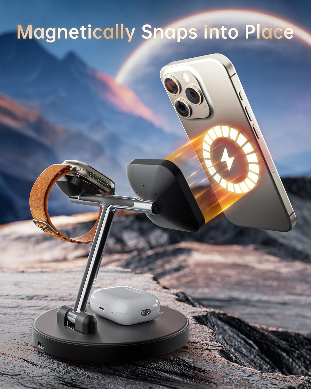 HEYMIX 3-in-1 Magsafe Wireless Charger, Fast Wireless Phone Charging Dock Compatible with Apple, Magnetic Wireless Charging Stand Compatible with iPhone 15/14/13/12, iWatch 8/7/SE/6/5, AirPods Pro