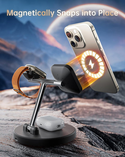 HEYMIX 3-in-1 Magsafe Wireless Charger, Fast Wireless Phone Charging Dock Compatible with Apple, Magnetic Wireless Charging Stand Compatible with iPhone 15/14/13/12, iWatch 8/7/SE/6/5, AirPods Pro