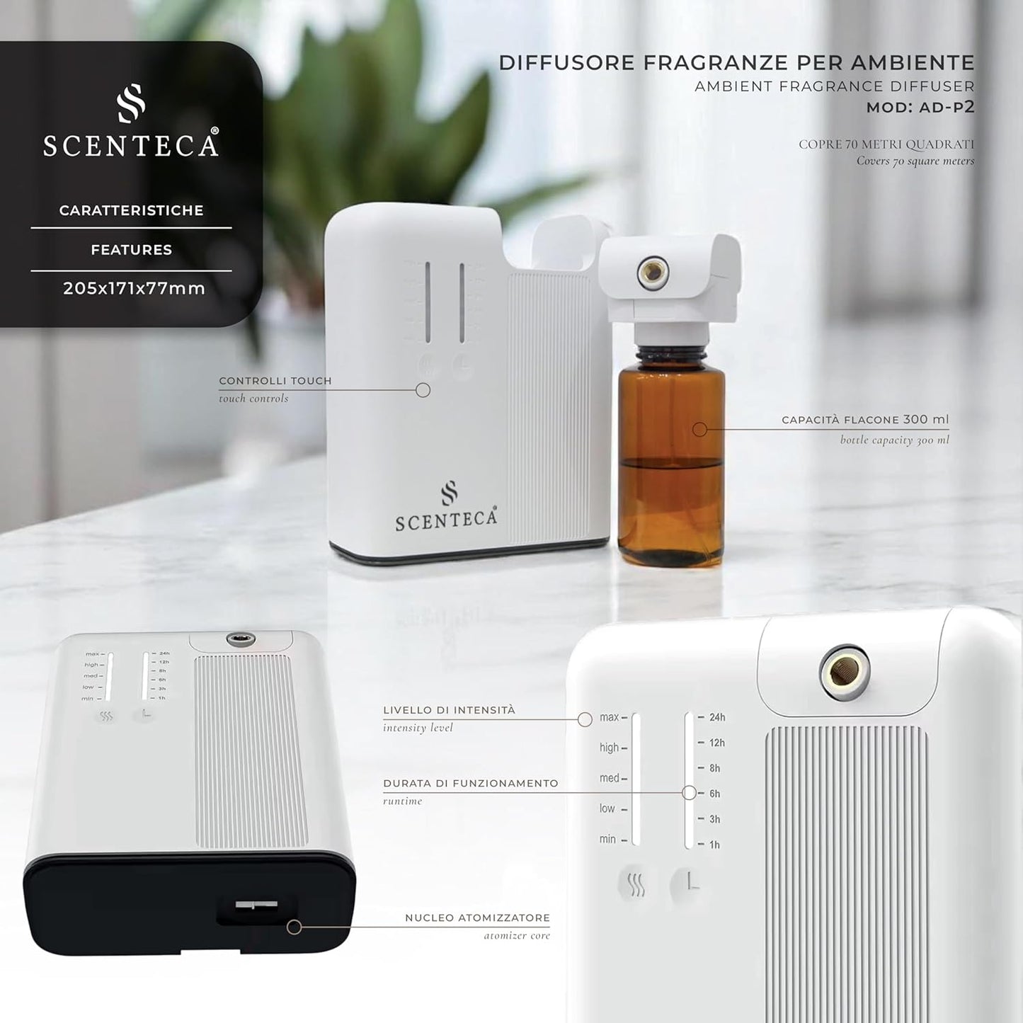 SCENTECA® AD-P2 Fragrance Diffuser for Home and Commercial Use Mist, Connectable Hvac, Coverage up to 70 m², 100ml Fragrance Included "Summer Scent"