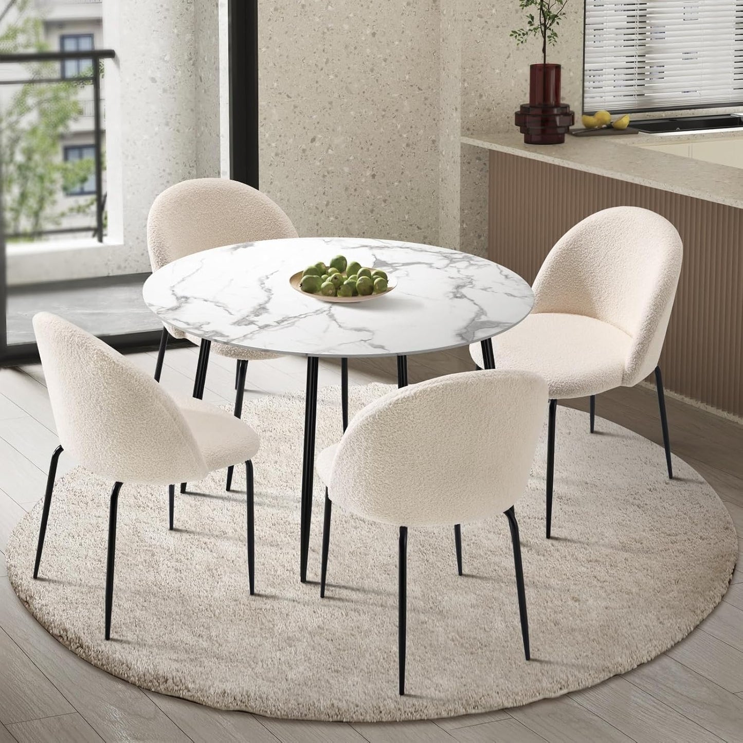 Oikiture Dining Sets with Marble Round Dining Table and Sherpa Dining Chairs Set of 4 White