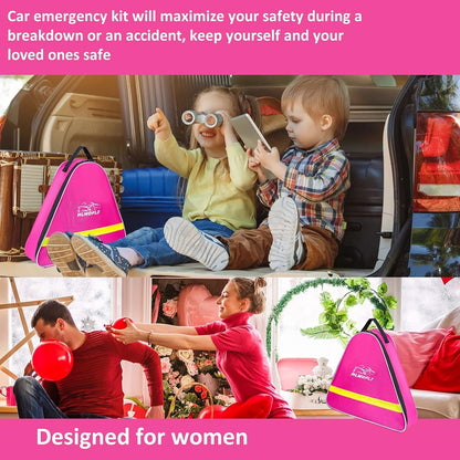 HLWDFLZ Pink Car Emergency Kit, Jumper Cable, Tow Rope, LED Road Flare, Deer Whistles & More Women's Safety Tools