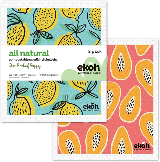EKOH Swedish Dishcloths for Cleaning Kitchen & Home - Pack of 2 Prints - Eco Sponge Cloths Zero Waste Dish Towels - Plastic Free Reusable Wipes- Gift Set of 2 Cleaning Cloths (Orange Blue Lemons, Papaya Lemon Fruit)