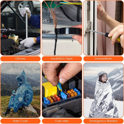 PACETAP Car Roadside Emergency Kit, Essential Auto Safety Road Side Assistance Tool Kit with Jumper Cables, Rain Coat, Tow Strap, Triangle and More Winter Vehicle Accessories