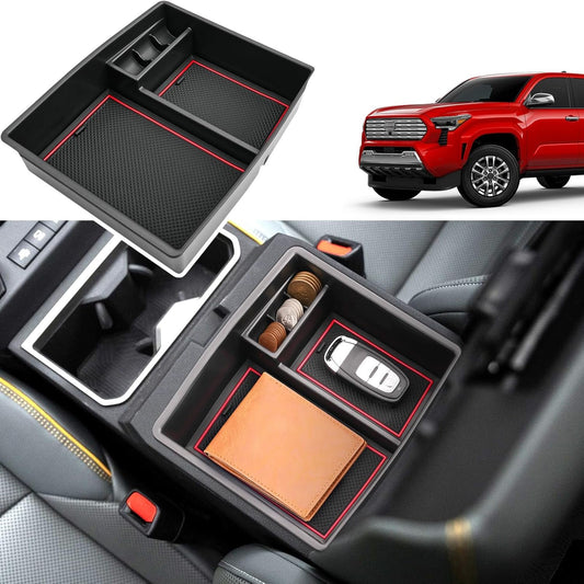 Coleya 2024 2025 Tacoma Accessories Center Console Organizer for Toyota Tacoma (All Trims), Durable ABS Plastic 2024 Tacoma Console Tray Glove Insert 2025 Tacoma Interior Accessories (with Red Mats)