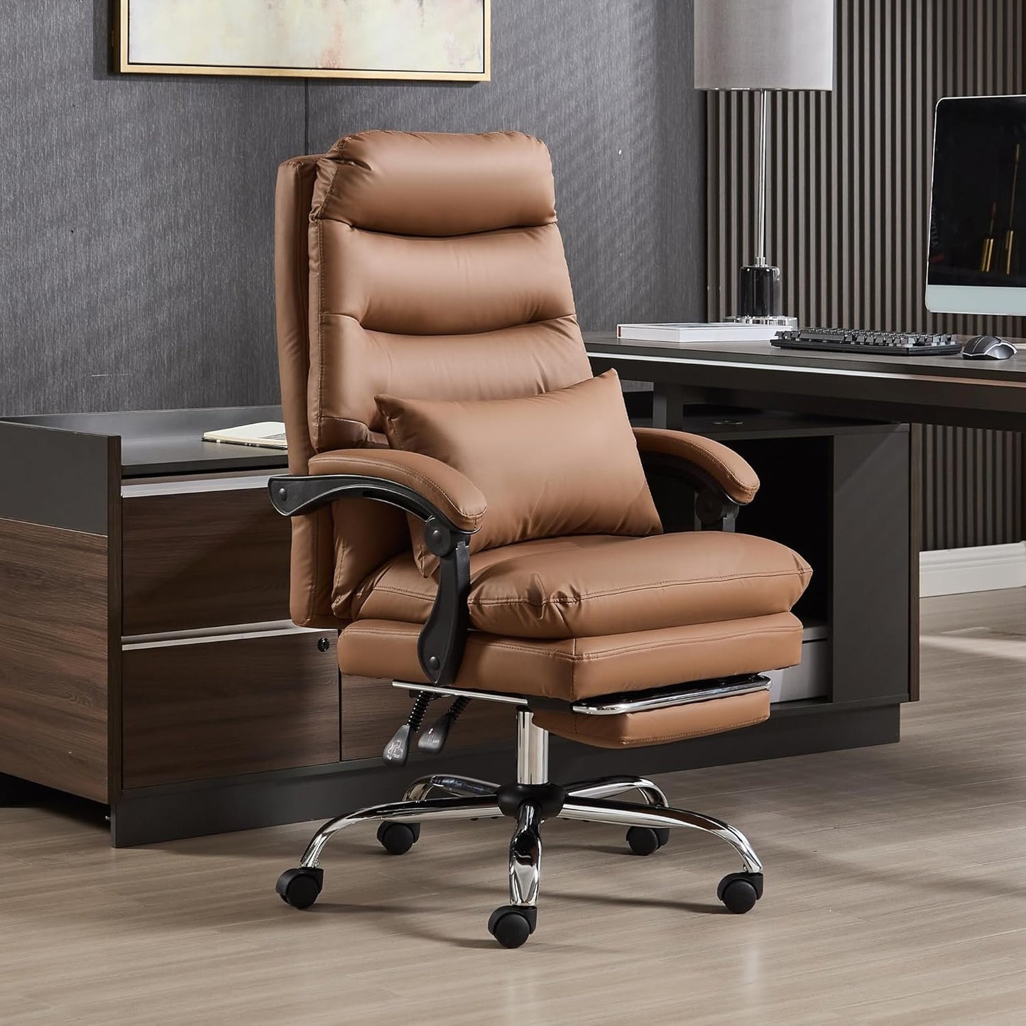 KITHOME High Back Office Chair with Footrest, 110°Reclining Leather Comfy Desk Chair with Lumber Support, Tall and High Executive Swivel Chair for Home Office, Black, White, Brown (Brown)