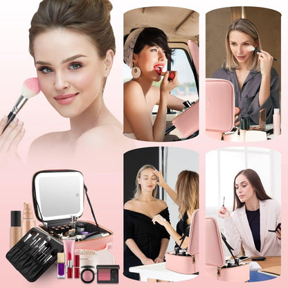 MOMIRA Travel Makeup Case with Large Lighted Mirror Partitionable Cosmetic Bag Professional Cosmetic Artist Organizer, Waterproof Portable, Accessories Case, Tools Case Pink
