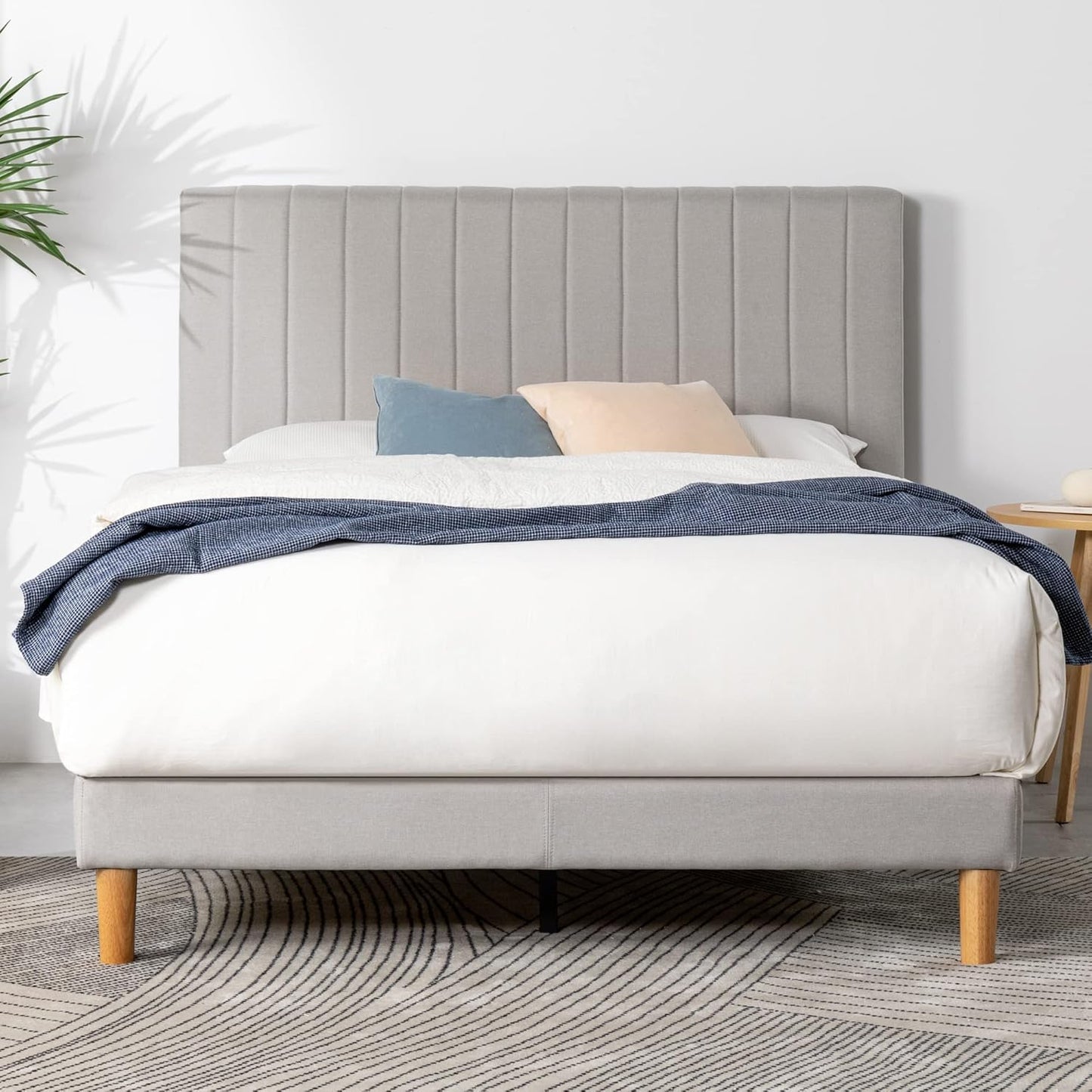 Zinus Queen Bed Frame DEBI Fabric Platform Light Grey Base Mattress, Tall Headboard, Wooden Slat Support Steel, Bedroom Furniture