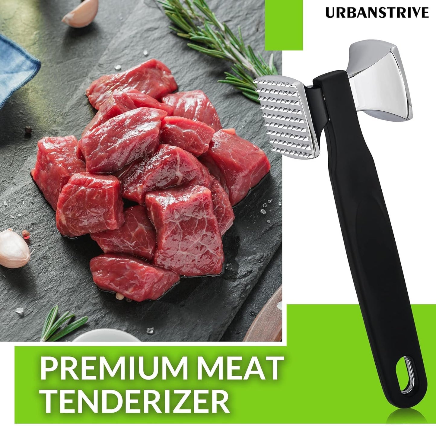 Urbanstrive Premium Heavy Duty Meat Tenderizer Hammer, Stainless Steel Meat Mallet Tenderizer, Dual-Sided Meat Hammer Tenderizer, Meat Pounder Kitchen Mallet for Beef, Chicken Pounder, Black
