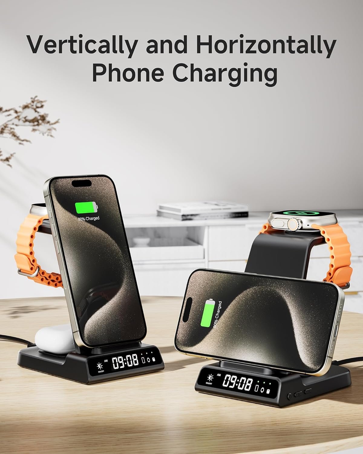 Wireless Charger Stand for iPhone, 3 in 1 Charging Station for Apple Watch Ultra 2/Ultra/10/9/8/7/6/5, Charger Dock with Clock for iPhone 16 15 14 13 12 11 X Pro Max, AirPods 4/3/Pro(No Adapter)