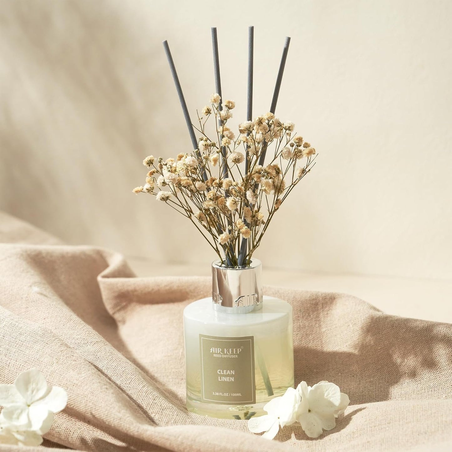 Airkeep Reed Diffuser Set,3.38 fl oz (100 ml) - Clean Linen Oil Diffusers with 8 Reed Sticks,Home Fragrance for Bathroom Shelf Decor