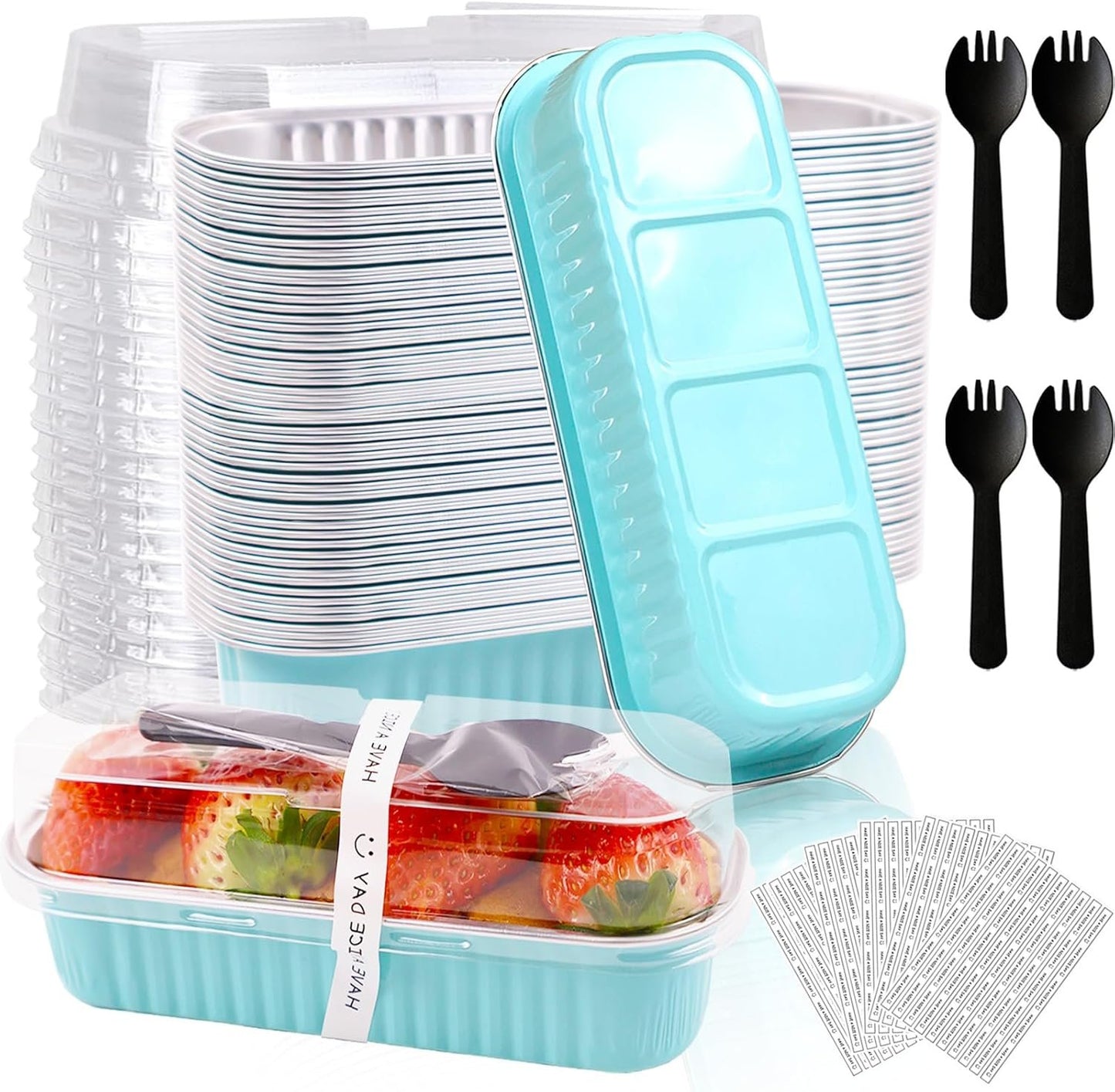 50 Pack Mini Loaf Pans with Lids and Spoons, 6.8 Oz Mini Cake Pans with Lids for Baking, Disposable Rectangle Aluminum Foil Loaf Pan with Stickers，Small Cake Containers Tin（Blue）