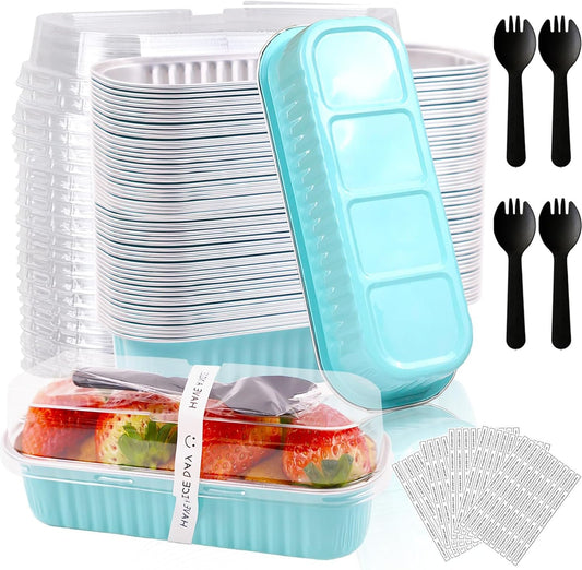 50 Pack Mini Loaf Pans with Lids and Spoons, 6.8 Oz Mini Cake Pans with Lids for Baking, Disposable Rectangle Aluminum Foil Loaf Pan with Stickers，Small Cake Containers Tin（Blue）