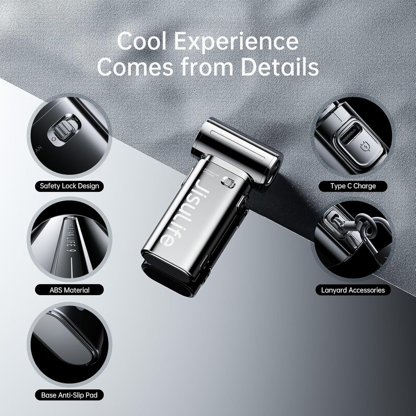 JISULIFE Portable Handheld Fan Life9, Turbo Power High Speed Air [18H Max Cooling Time], 5 Gear Wind, 5000mAh Rechargeable, Mini Pocket Design, Personal Fan for Travel Concerts Cruise Makeup - Chrome