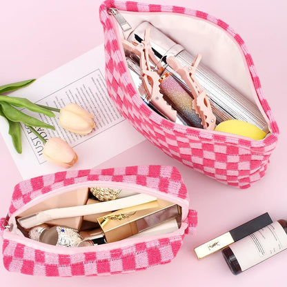 H HOME-MART 2 Pieces Checkered Makeup Bag Large Cosmetic Bag Capacity Canvas Mix Travel Toiletry Bag Organizer for Purse Portable Zipper Make Up Pouch Small Cosmetic Case