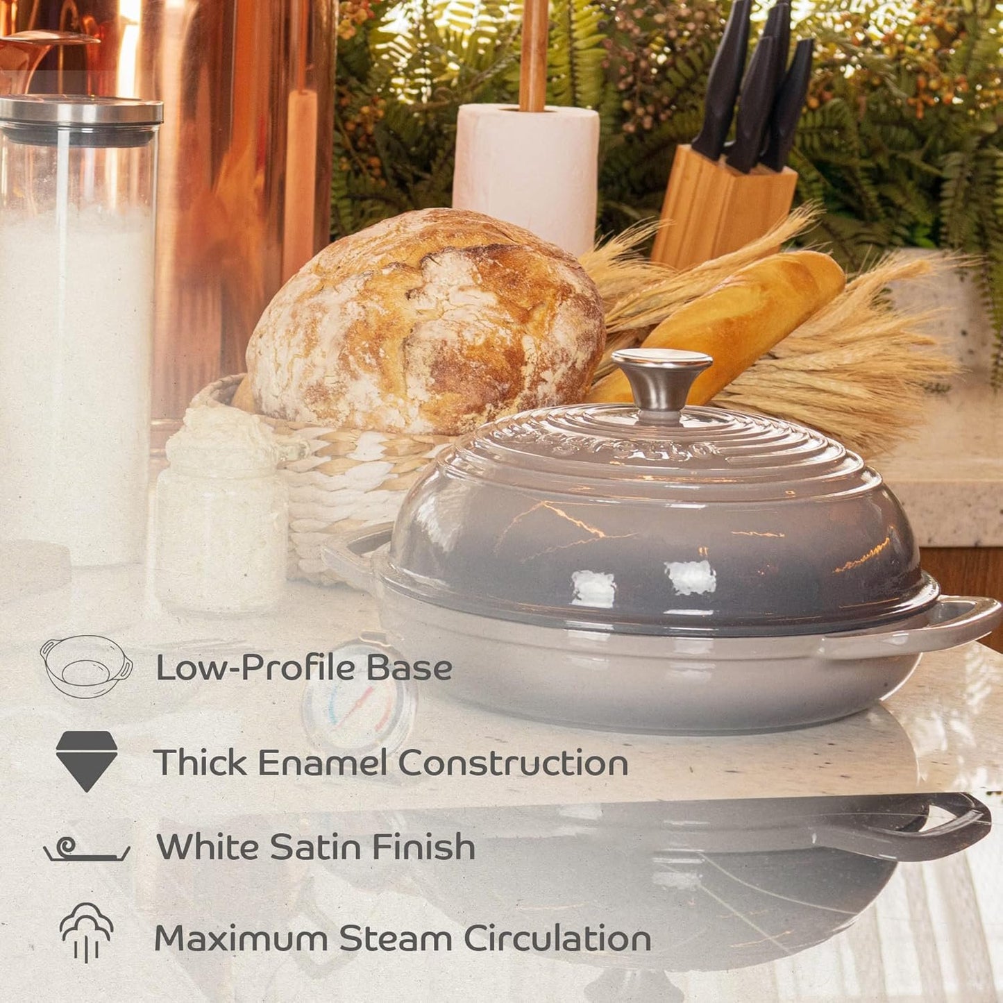 Segretto Cookware Enameled Cast Iron Bread Pan with Lid, 11” Grigio Scuro (Gray) Bread Oven Cast Iron Sourdough Baking Pan, Dutch Oven for Bread