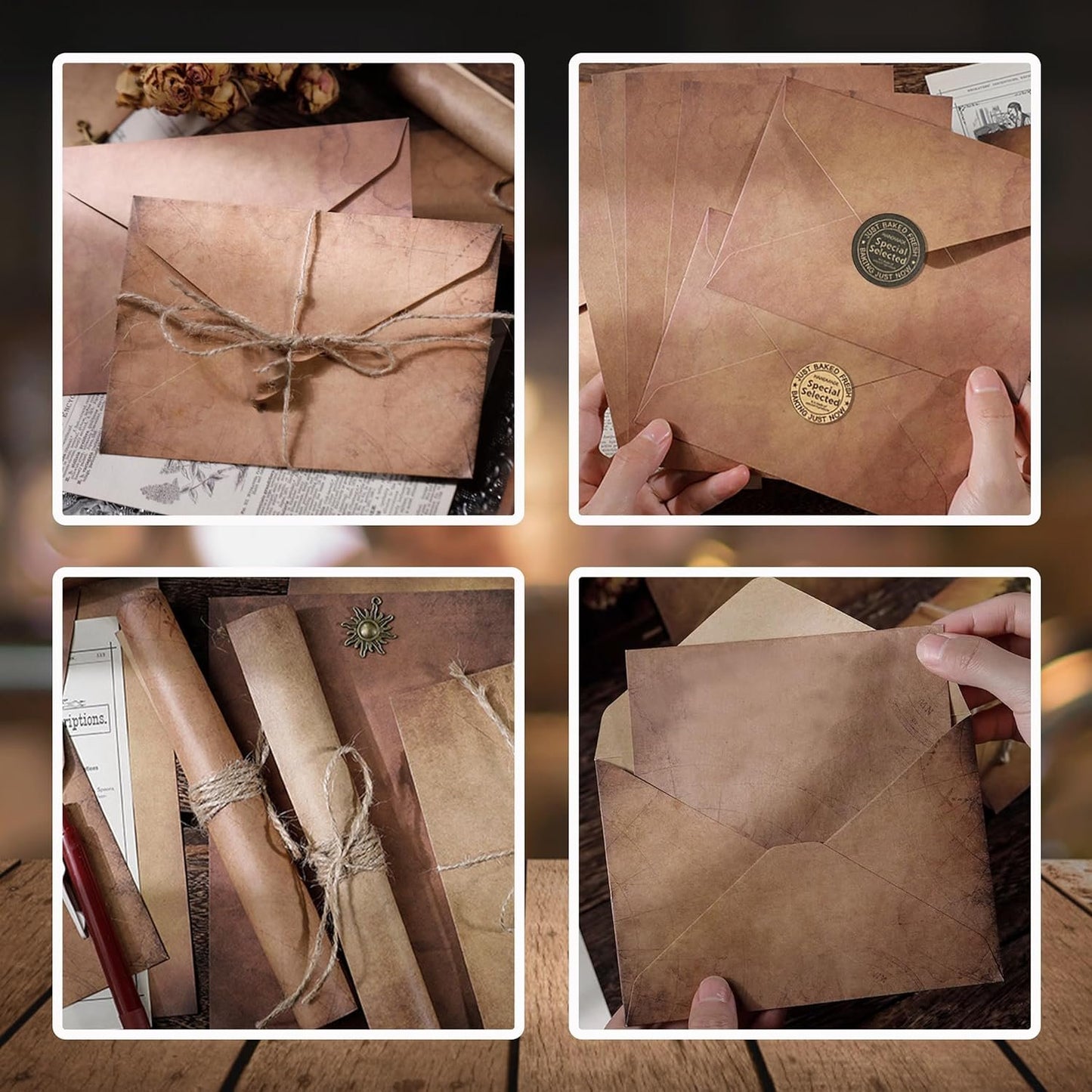 8 Set Vintage Stationery Paper and Envelopes Set, Stationery Paper Letter Set with 32 Sheets Lined Aged Letter Writing Paper, 16 Matching Envelopes, 16 Ornaments, 16 Hemp Ropes and 40 Sealing Stickers