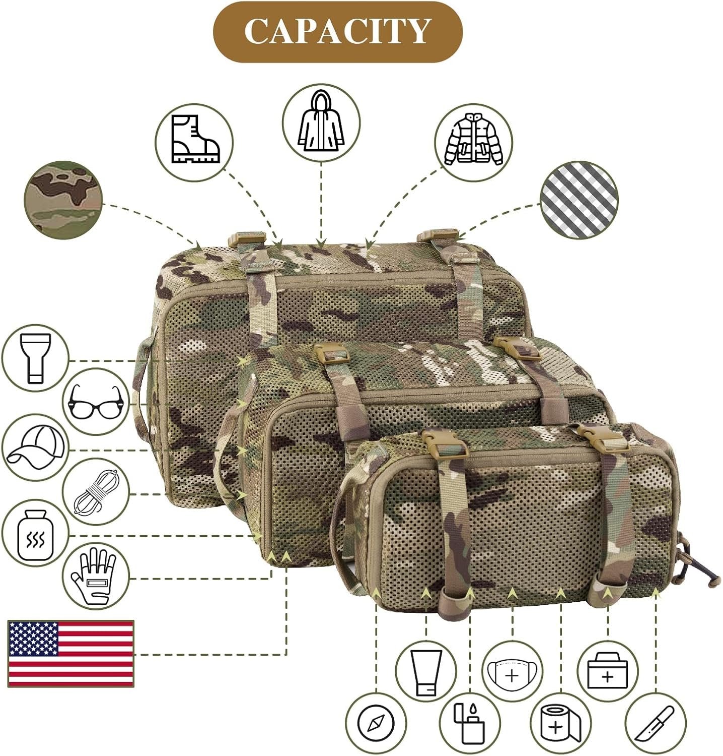 PETAC GEAR 3 PCS Tactical Modular Packing Cubes, Large Capacity Mesh Storage Bag,Outdoor Travel Organize Storage Pouches Bags., camouflage, Large, Quick Dry Mesh