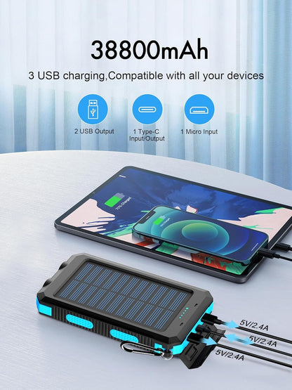 Solar Charger 20000mAh, Portable Solar Power Bank Waterproof Solar Phone Chargers Compatible with All Smartphone External Battery Pack with 2 USB Ports/LED Flashlights for Outdoor Camping(Blue)