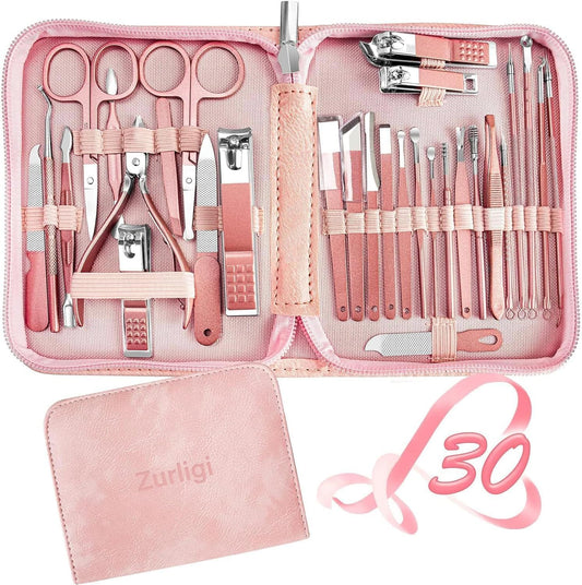 Zurligi 30 in 1 Manicure Kit Nail Clipper Pedicure Tools, Professional Manicure Set, Stainless Steel Nail Clippers and Beauty Tool Portable Set, Toe Care Kit Travel for Women(Pink)