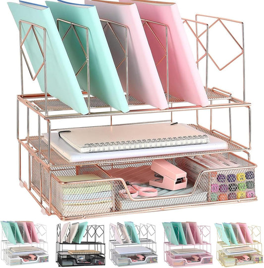 gianotter Desk Organizers and Accessories, Office Supplies Desk Organizer with Sliding Drawer, Double Tray and 5 Upright Section â€‹File Sorter Organizer (Rose Gold)