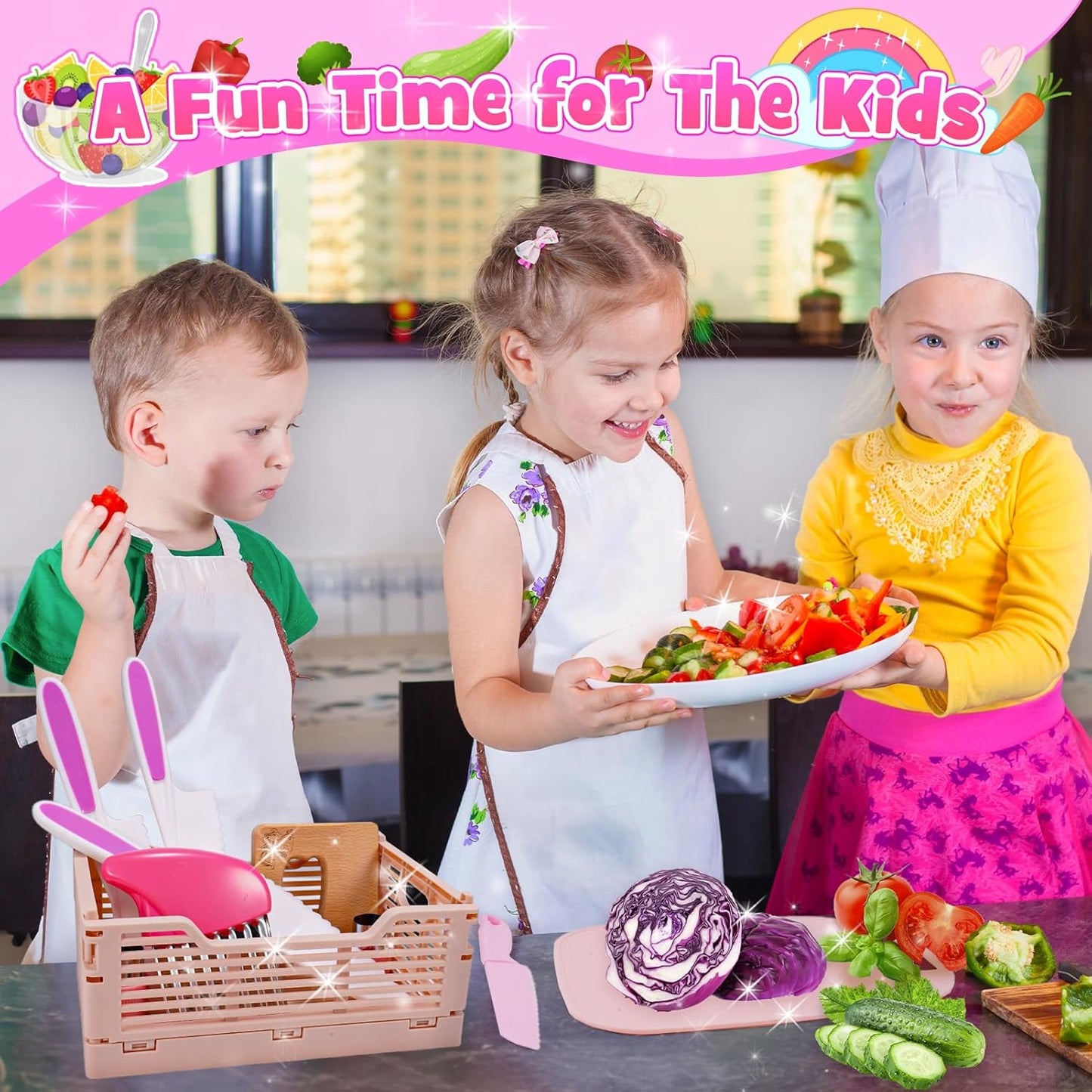 Kids Knife Set for Girls, Vingtank Real Cooking Toys for 3 4 5 6 7 Year Old Girl Gifts Montessori Kitchen Tools for Toddlers Girls Toys Age 3-5 4-6 Cutting Board Safe Knives Birthday Gift Pink