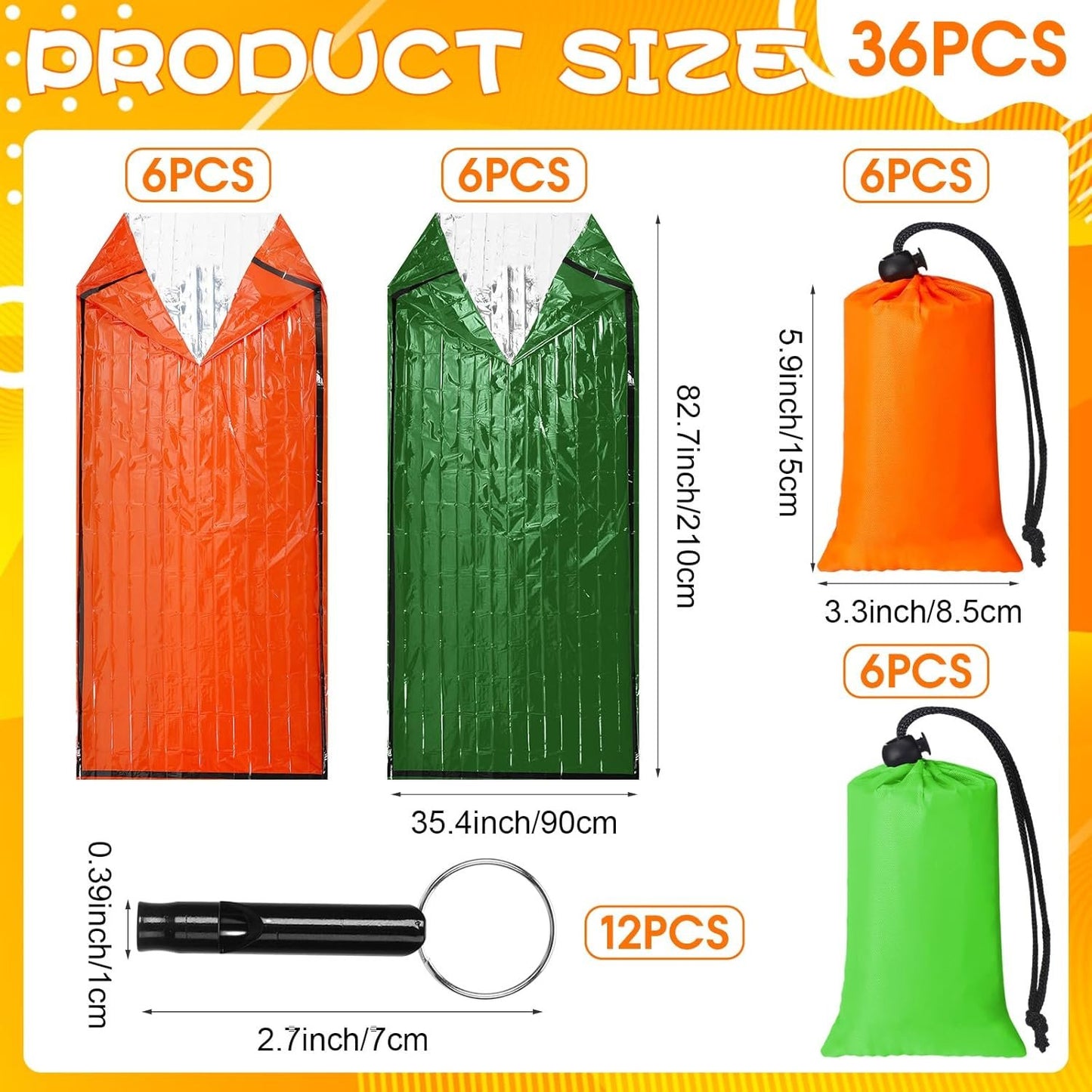 Qunclay 12 Set Emergency Sleeping Bag Survival Bivvy Sack Blanket with Whistles Lightweight Portable Thermal Survival Bag Thick Tent with Hood Extension Nylon Stuff Sack (Orange, Green,82.7 x 35.4 in)