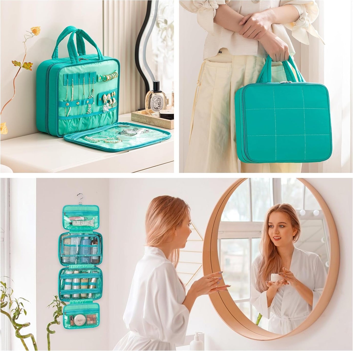 HBlife Travel Toiletry Bag with Jewelry Organizer for Women, Puffy Hanging Travel Bag for Toiletries with Trolley Belt, Waterproof Makeup Cosmetic Bag Organizer, Travel Accessories Essentials(Teal, M)