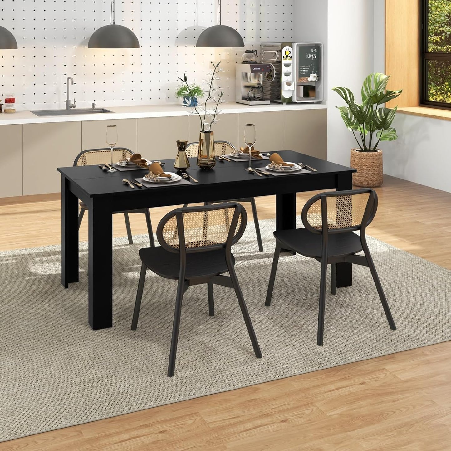Giantex Dining Table for 6-8, Wood Rectangular Table, 63" L x 31.5" W x 30" H Large Farmhouse Center Table, Home Furniture Kitchen Table, Modern Dining Room Table, Supporting for 330LBS, Black