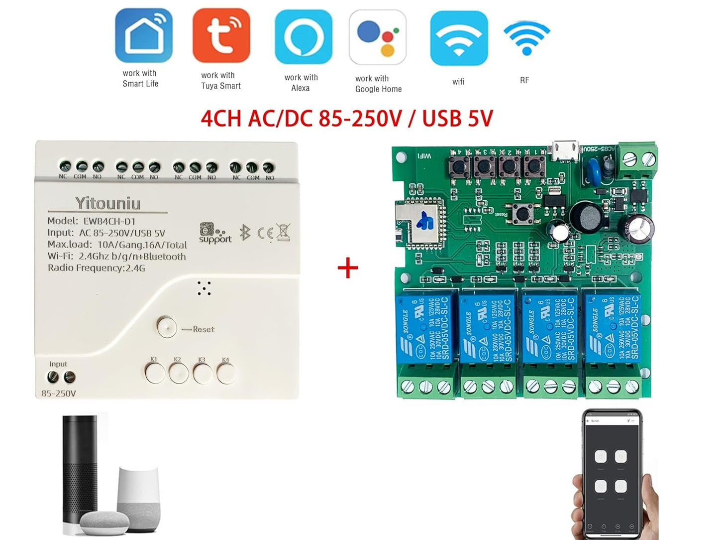 EWeLink 4CH Smart WiFi 85-250V Switch Controller, APP Remote Control, Bluetooth RF Remote Control, Point/Self-Locking/Interlocking, Works with Alexa