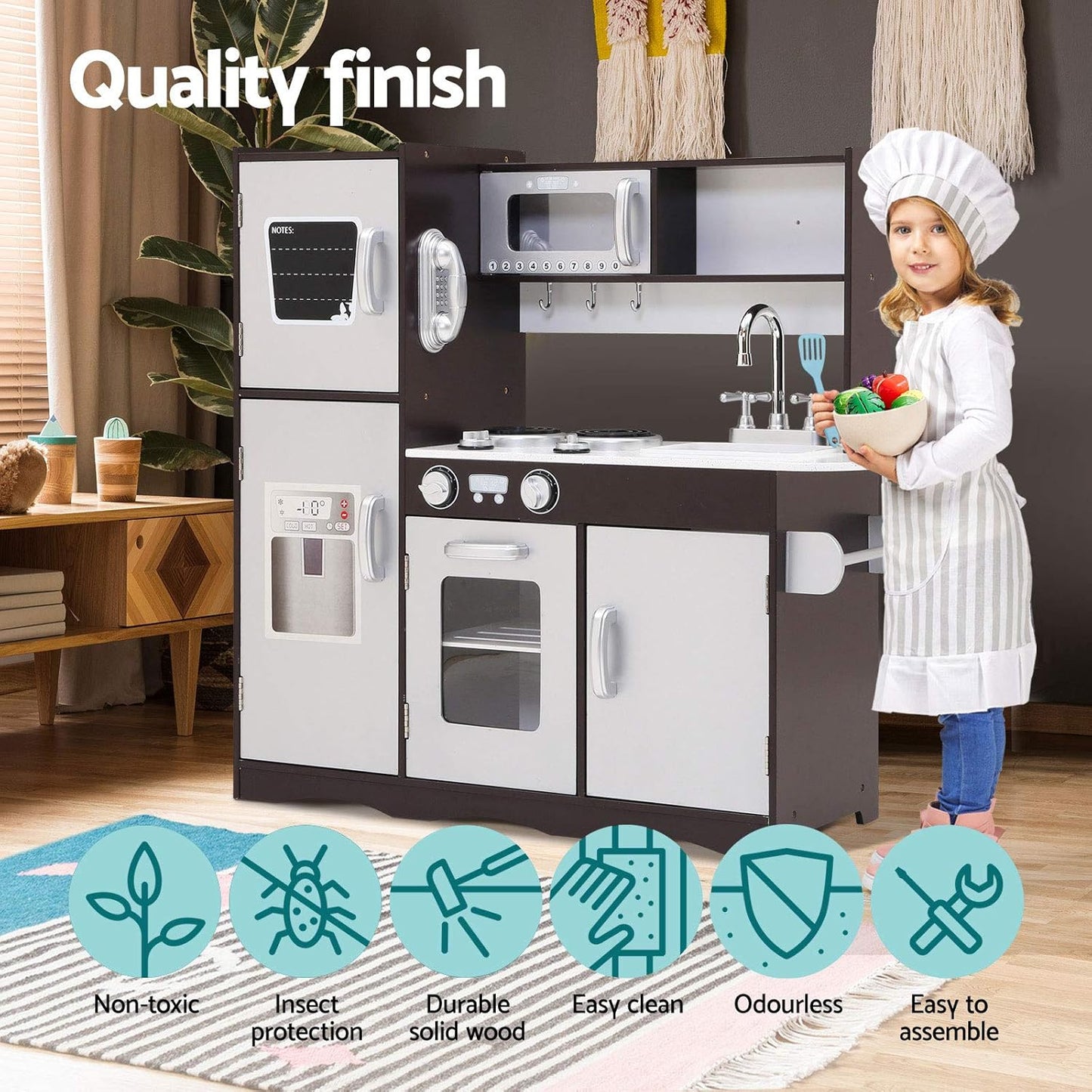Keezi Kids Kitchen Set Pretend Play Food Playset Wooden Toys Mud Kitchens Children Cooking Cookware Sets Toy Home Cubby House Furniture for Boys Girls, Easy Cleaning White