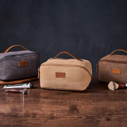 PAHVRION Canvas Toiletry Bag for Women with Genuine Leather Handle,Travel Dopp Kit,Shaving Kit Bag for Men,Water Resistant Hygiene Dopp Kit, Coffee, Non-customized