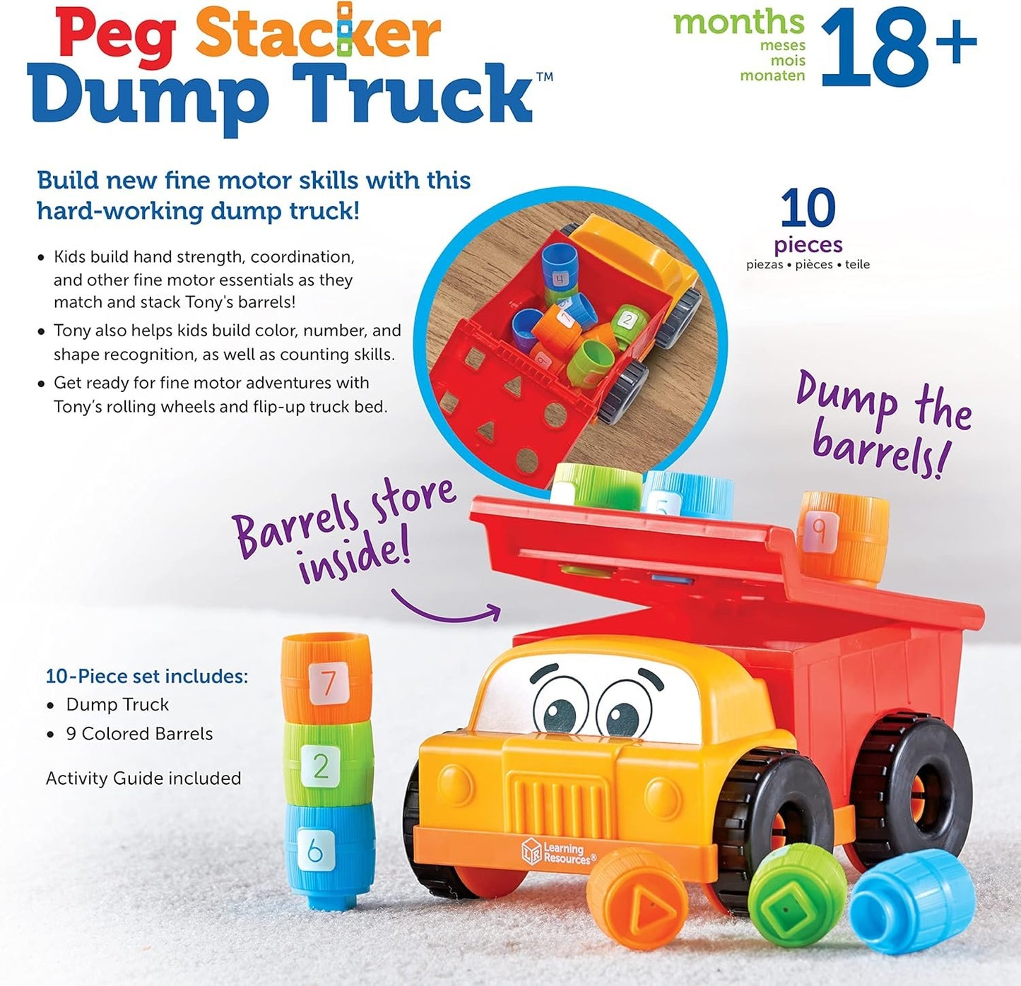 Learning Resources Tony The Peg Stacker Dump Truck - 10 Pieces, Easter Toys for Kids, Ages 18+ Months Fine Motor Skills Toy for Toddlers, Preschool Toys, Multicolor