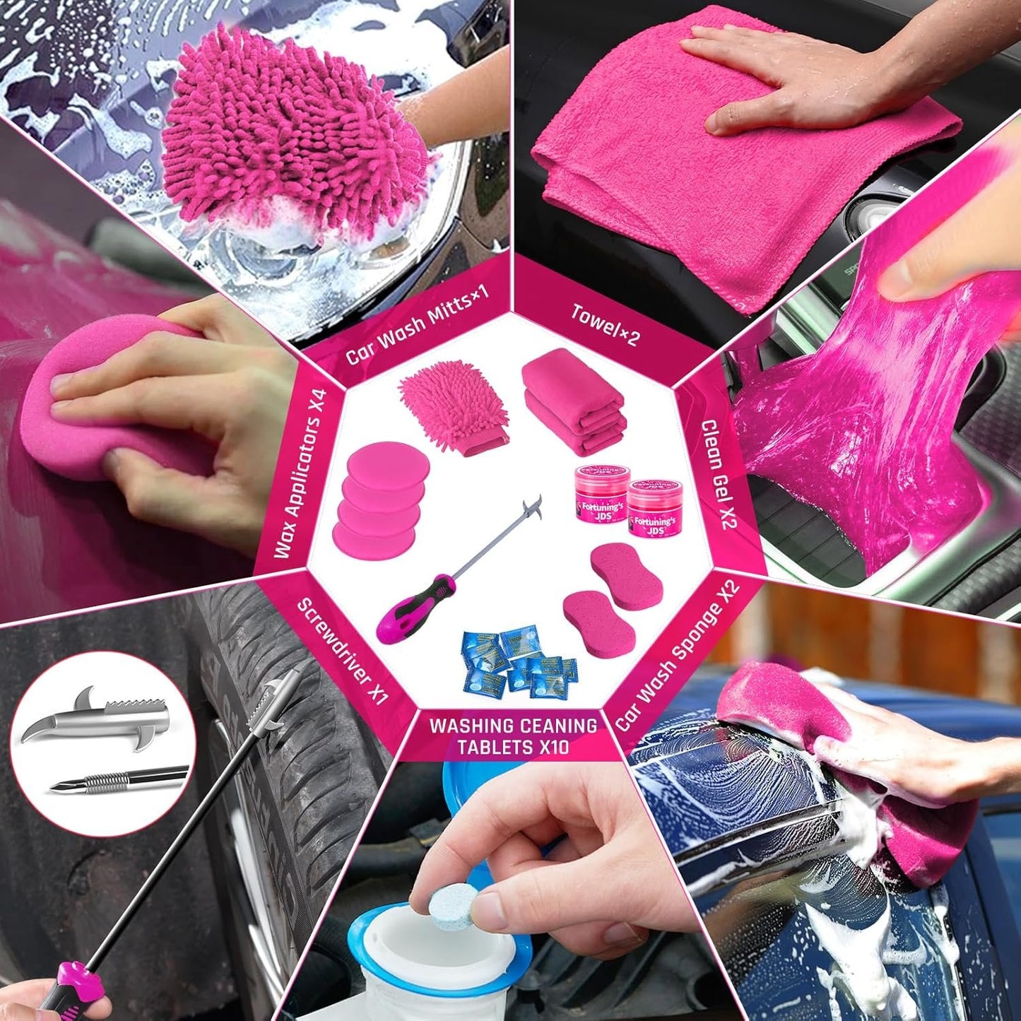 47PCS Car Detailing Kit Interior Cleaner, Car Cleaning Supplies with High Power Car Vacuum Cleaner,Auto Detailing Kit,Car Wash Kit with Bucket Detailing Brush Set,Pink Car Accessories for Women