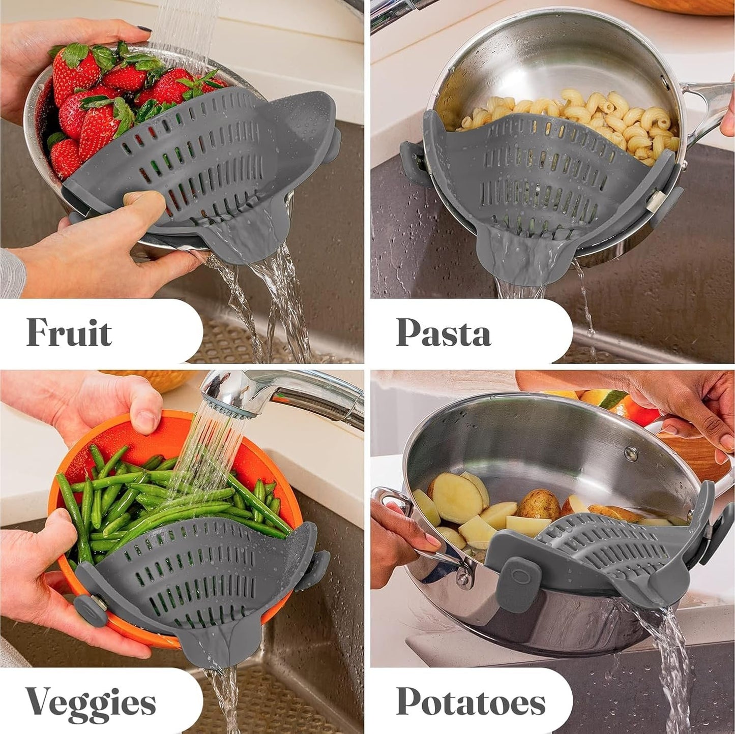 Original Kitchen Gizmo Strainer for Pots, Pans, and Bowls - Adjustable Silicone Clip on Colander - Snap N Strain Kitchen Gadget for Fruits, Veggies, Salads, Pasta, and More - Dishwasher Safe - Grey
