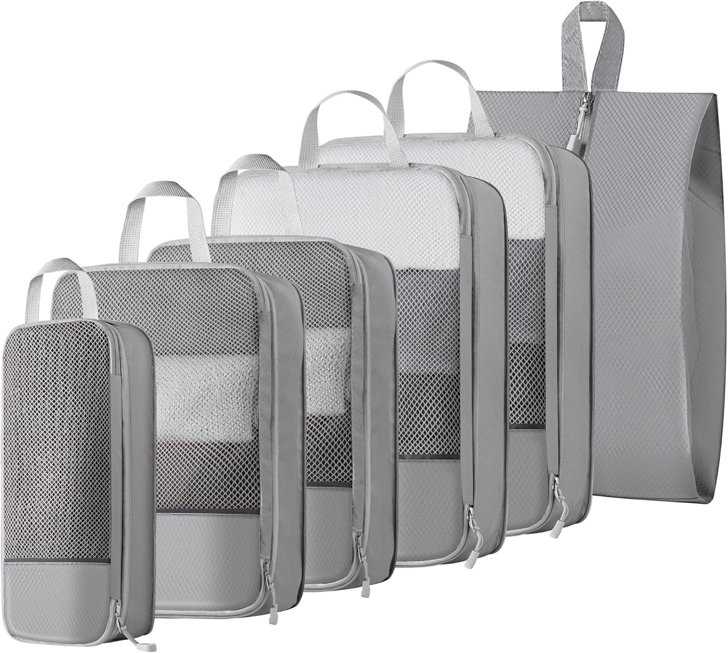 6 Set Compression Packing Cubes Travel Accessories Expandable Packing Organizers, Lightweight Suitcase Organizer Packing Cells Bags Set Travel Essentials, Travel Bags Carry-on Luggage Suitcase Grey