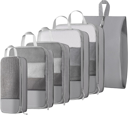 6 Set Compression Packing Cubes Travel Accessories Expandable Packing Organizers, Lightweight Suitcase Organizer Packing Cells Bags Set Travel Essentials, Travel Bags Carry-on Luggage Suitcase Grey