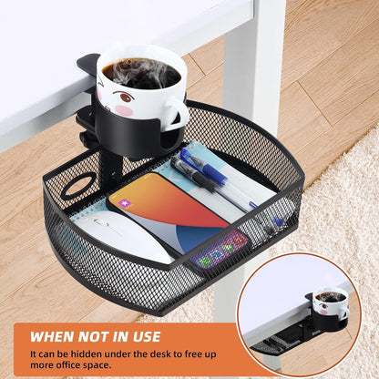AnExer Under Desk Storage, Desk Cup Holder, 360 ° Rotary Desk Storage Organizer, C-clamp Mounting and Do Not Hurt The Table- Reduce Desk Clutter with Office Desk Basket & Clip on Cup Holder (Black)