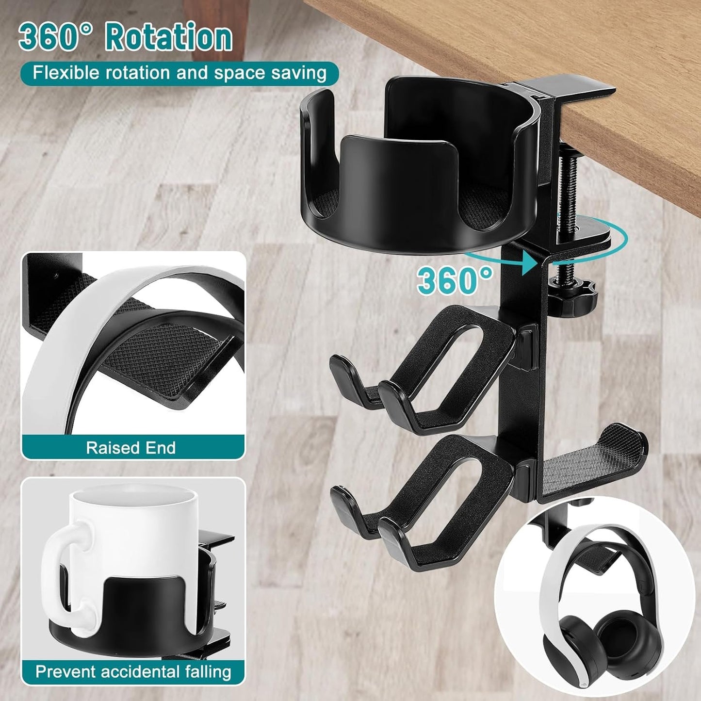welltop 4 in 1 Controller Holder with Desk Cup Holder & Headphone Hanger, Rotatable Under Desk Clamp Controller Holder Dual Gamepad Headset Stand Gaming Desk Accessories for Xbox, PS4, PS5, PC, Switch