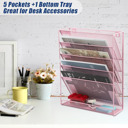 EASEPRES Desk File Organizer Mesh 6-Tier, Hanging Wall Mount Document Organization Stand, Desktop Vertical Mail Paper Folder Holder Rack with Bottom Tray for Office Home Cubicle Countertop, Pink