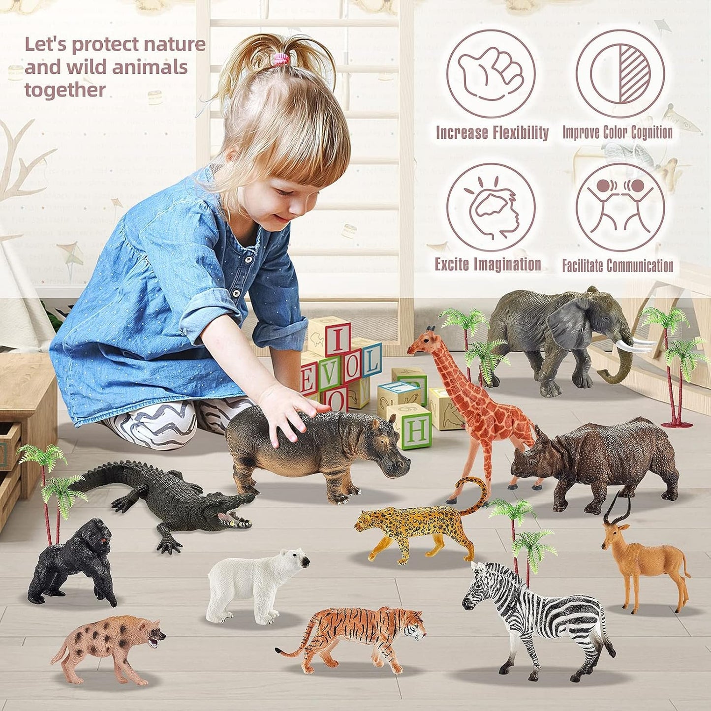 EnAuRoL 31 Pcs Safari Animals Playset with 24 Realistic Plastic Animals Figures, Miniature Animals Toy Suitable for Cake Toppers or Cupcake Toppers, Ideal Gift for Age Kids, Boys & Girls