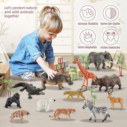 EnAuRoL 31 Pcs Safari Animals Playset with 24 Realistic Plastic Animals Figures, Miniature Animals Toy Suitable for Cake Toppers or Cupcake Toppers, Ideal Gift for Age Kids, Boys & Girls