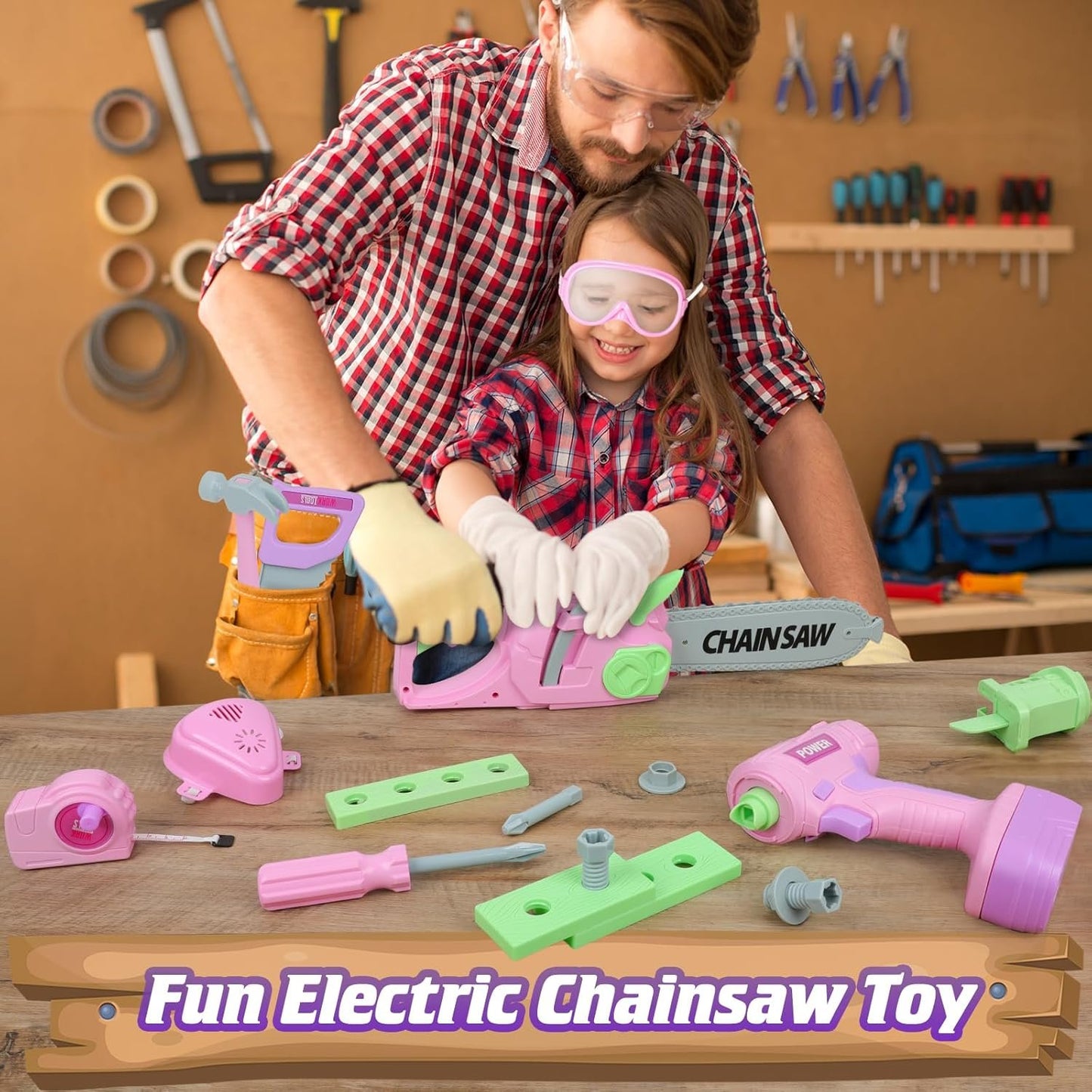 WishaLife Kids Tool Set - Pink Tool Set for Girls with Toy Chainsaw, Toy Drill, Construction Vest, Toddler Tool Set, Pretend Play Toy Tools Gift for Kids Ages 3 4 5 6 7 8 Years Old, OYG606-7