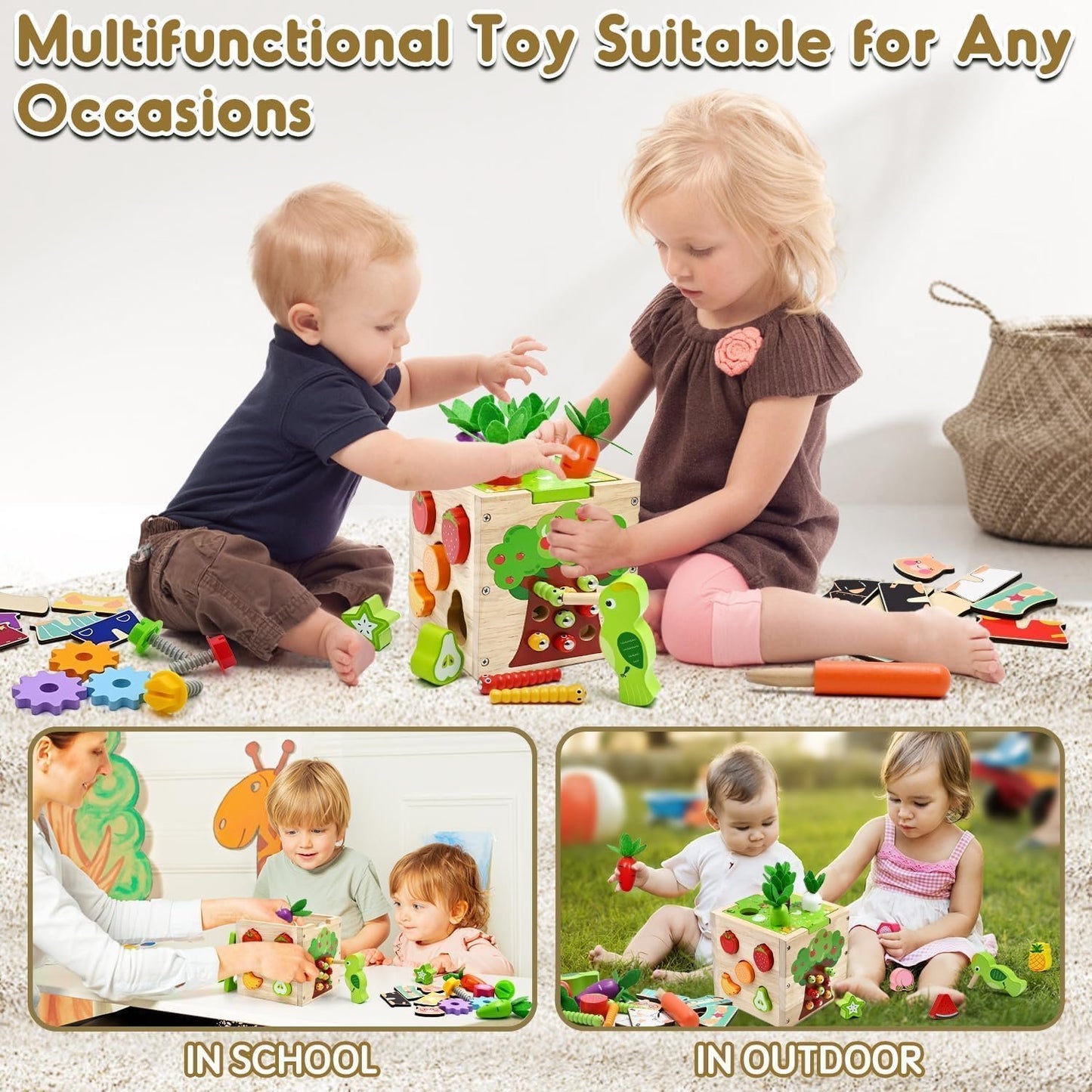 Montessori Wooden Educational Toys, Wooden Activity Cube Center Toys, Baby Toy 6 to 12 Months, Preschool Learning Activities, Fine Motor Skills Sensory Toys for 2 3 4 Year Old Boys Girls