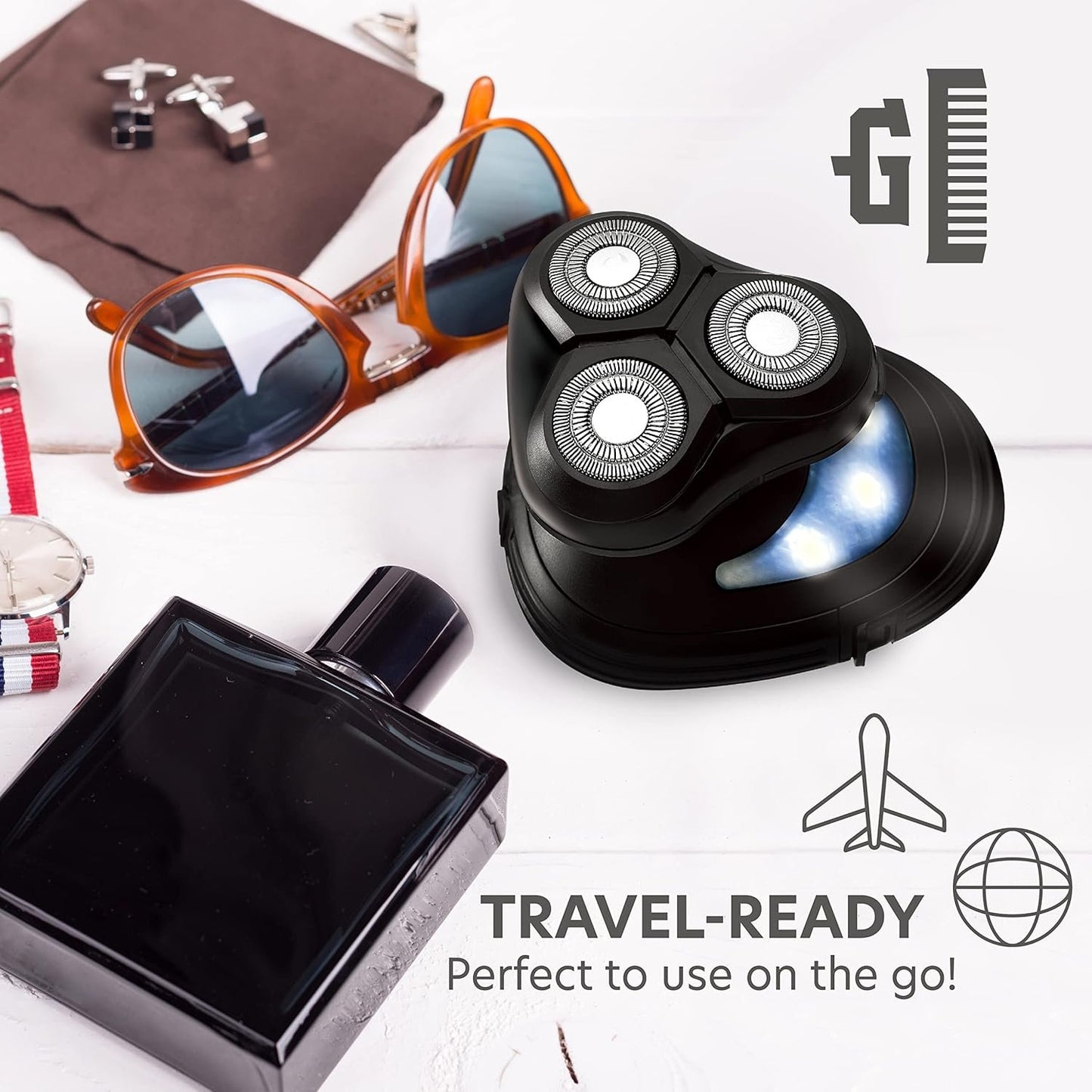 Groom Essentials 3D Rotary Face and Head Shaver for Men, LED Light, Battery-Operated Compact, Cordless Electric Shavers for Men, 3 Floating Heads - Electric Razor, Mens Shaver with Ergonomic Handle