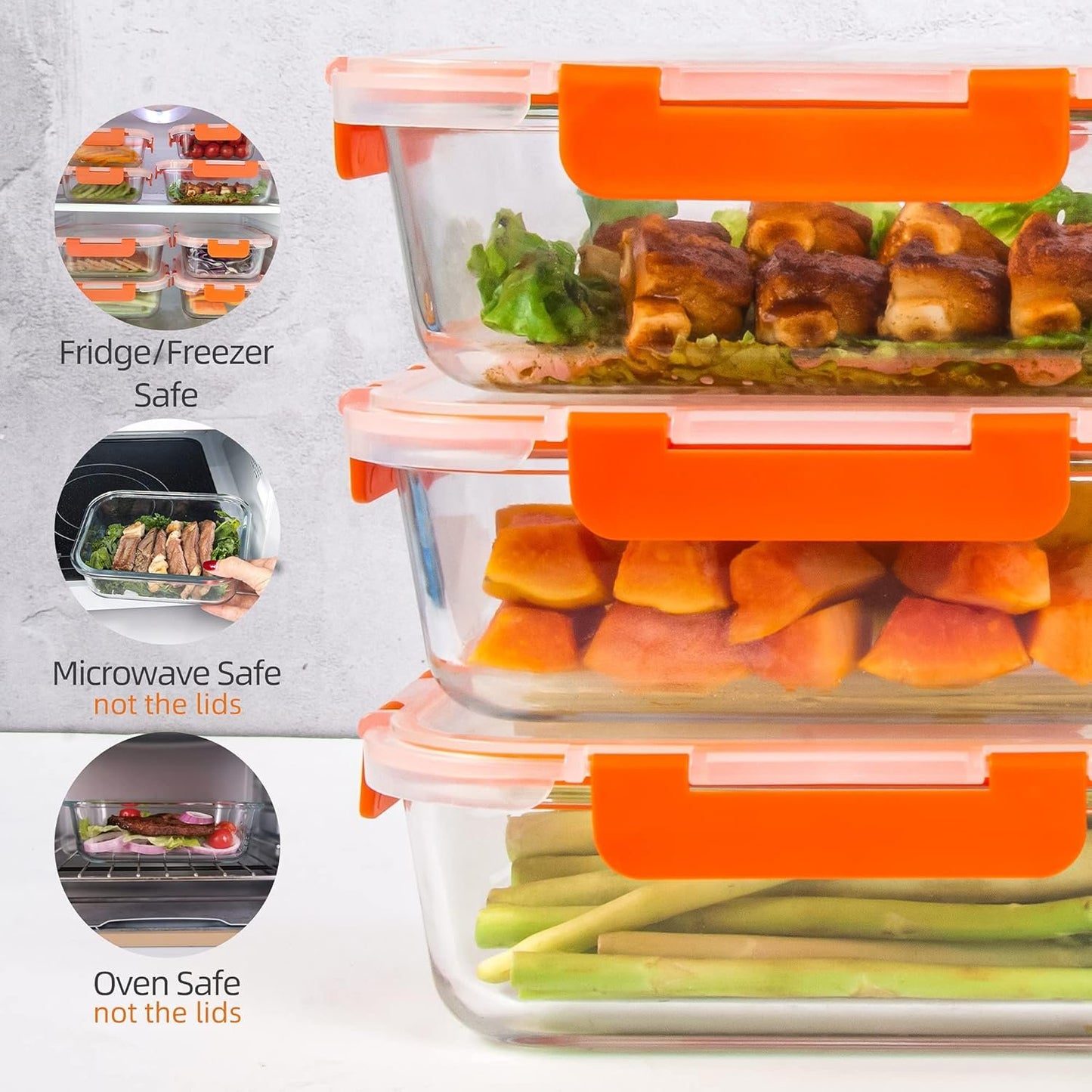 Glass Food Storage Containers with Lids Glass Containers for Meal Prep 10 Pack for Kitchen, Stackable, Airtight & Leak Proof